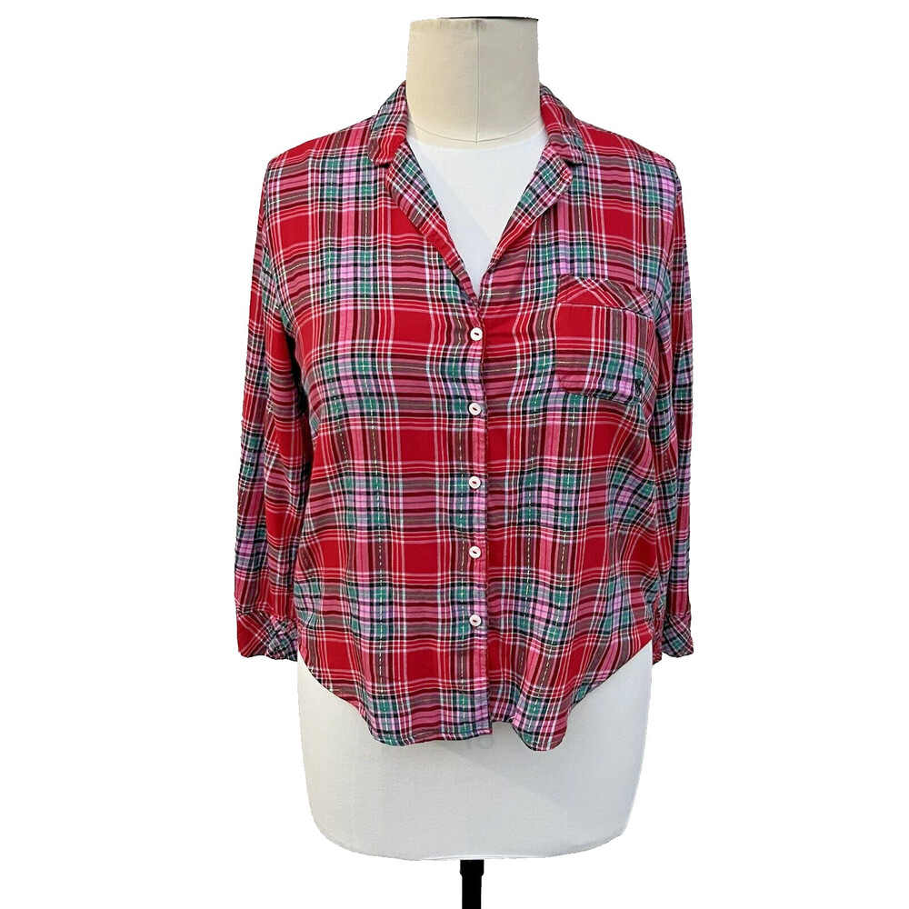 Victoria's Secret - Red Pink Black Flannel Cotton Modal Pajama Sleep Shirt M